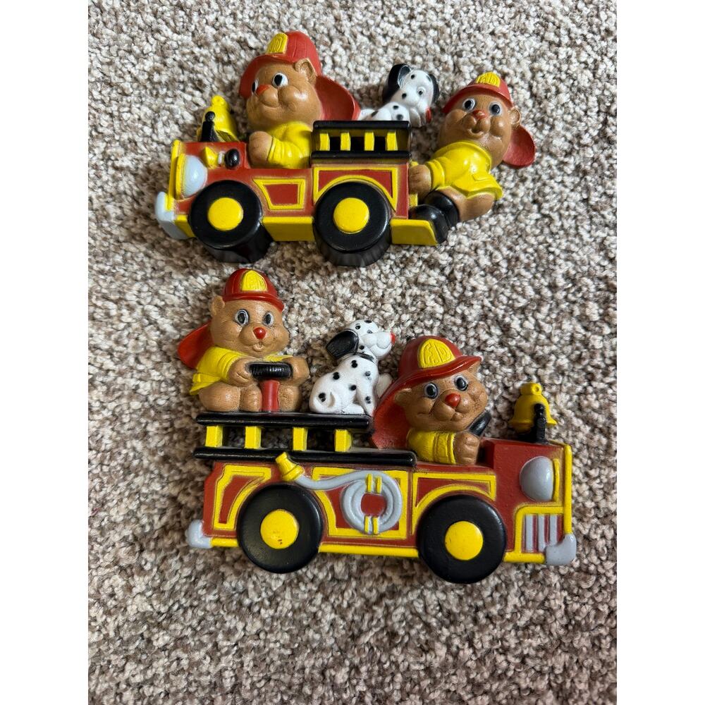 Vintage Homco Fire Truck Wall Plaques Set of 2 Teddy Bear Fireman Dalmatian 1990